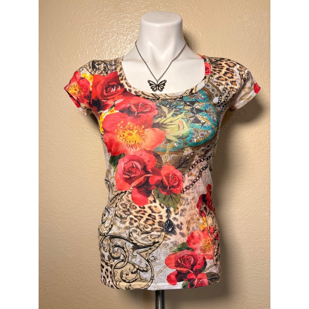 Y2K Cache Womens XS Floral Leopard Mixed Print Scoop Neck Short Sleeve Top #5